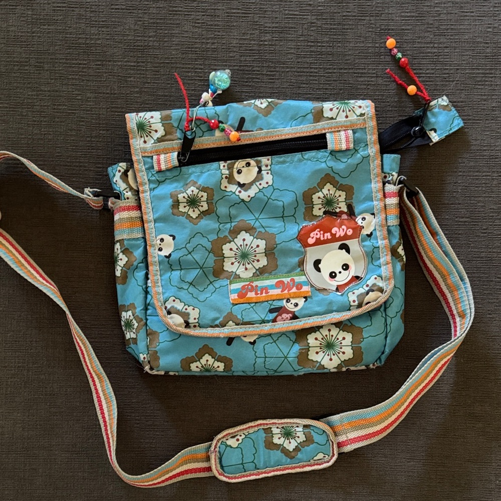 Floral Panda Crossbody Bag with Colorful Strap